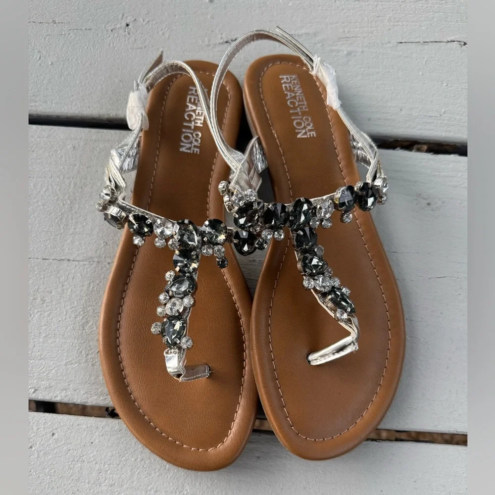 Kenneth Cole Reaction Women’s Drag Fire Sandals – Silver Crystal Thong Style S/8 - Picture 9 of 12